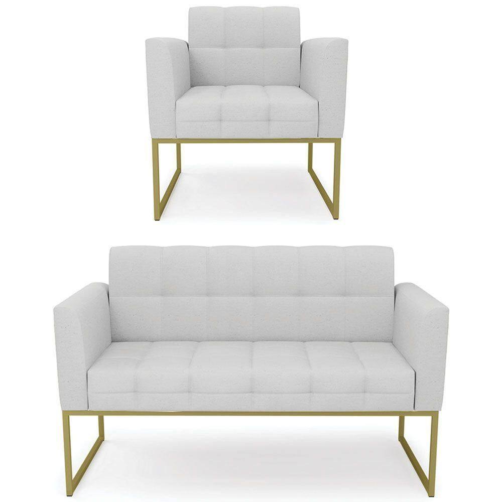 Sofá Namoradeira E 1 Poltrona Base Industrial Dourado Ana Linho Cinza