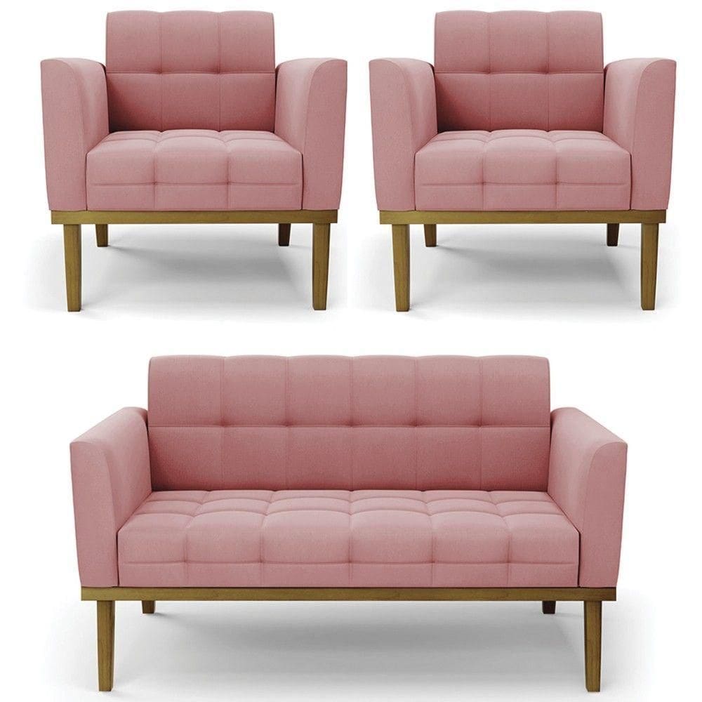 Sofá Namoradeira E 2 Poltronas Base Madeira Castanho Ana Suede Rosê
