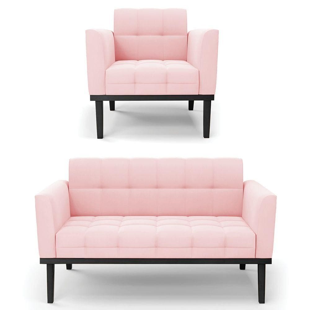 Sofá Namoradeira E 1 Poltrona Base Madeira Preto Ana Suede Rosa Bebê
