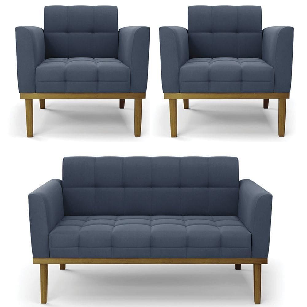 Sofá Namoradeira E 2 Poltronas Base Madeira Castanho Ana Suede Azul Marinho