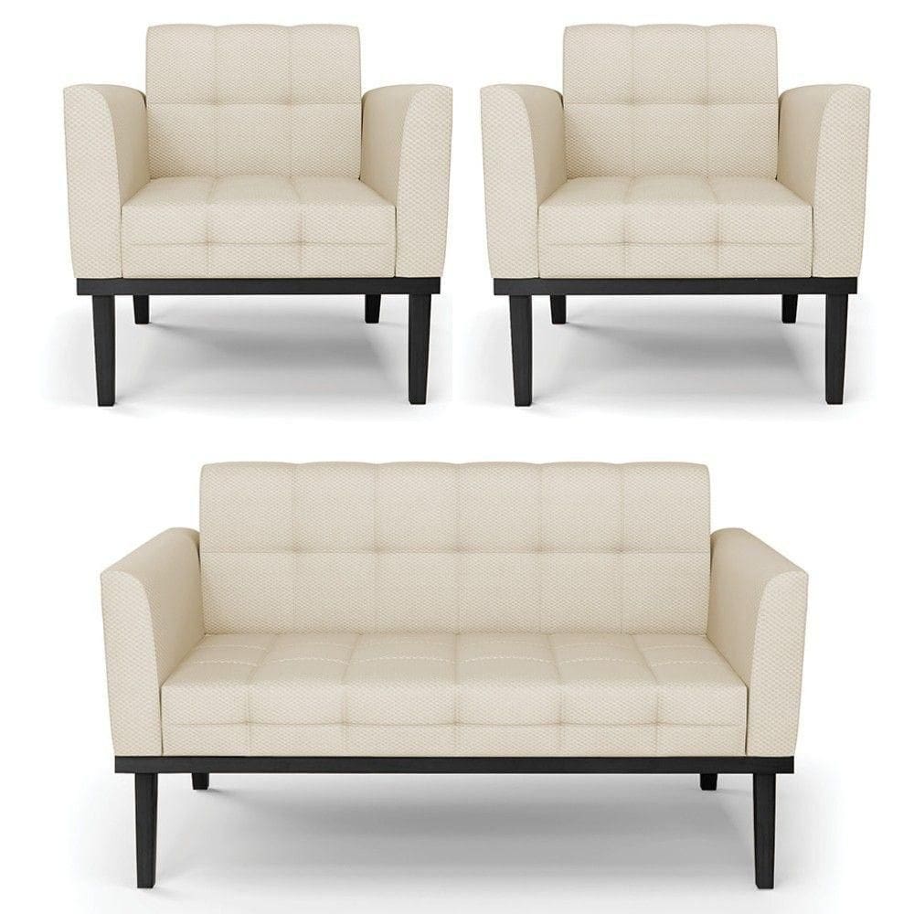Sofá Namoradeira E 2 Poltronas Base Madeira Preto Ana Veludo Luxo Off White
