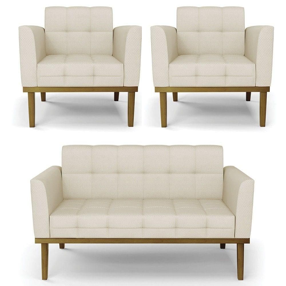 Sofá Namoradeira E 2 Poltronas Base Madeira Castanho Ana Veludo Luxo Off White
