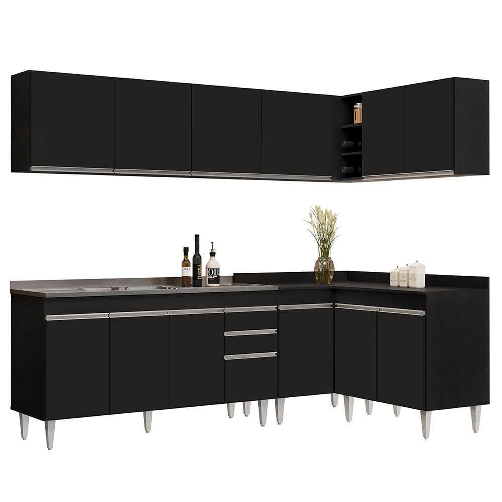 Armário De Cozinha Modulado De Canto 6 Peças Cp33 Com Pia Inox Preto