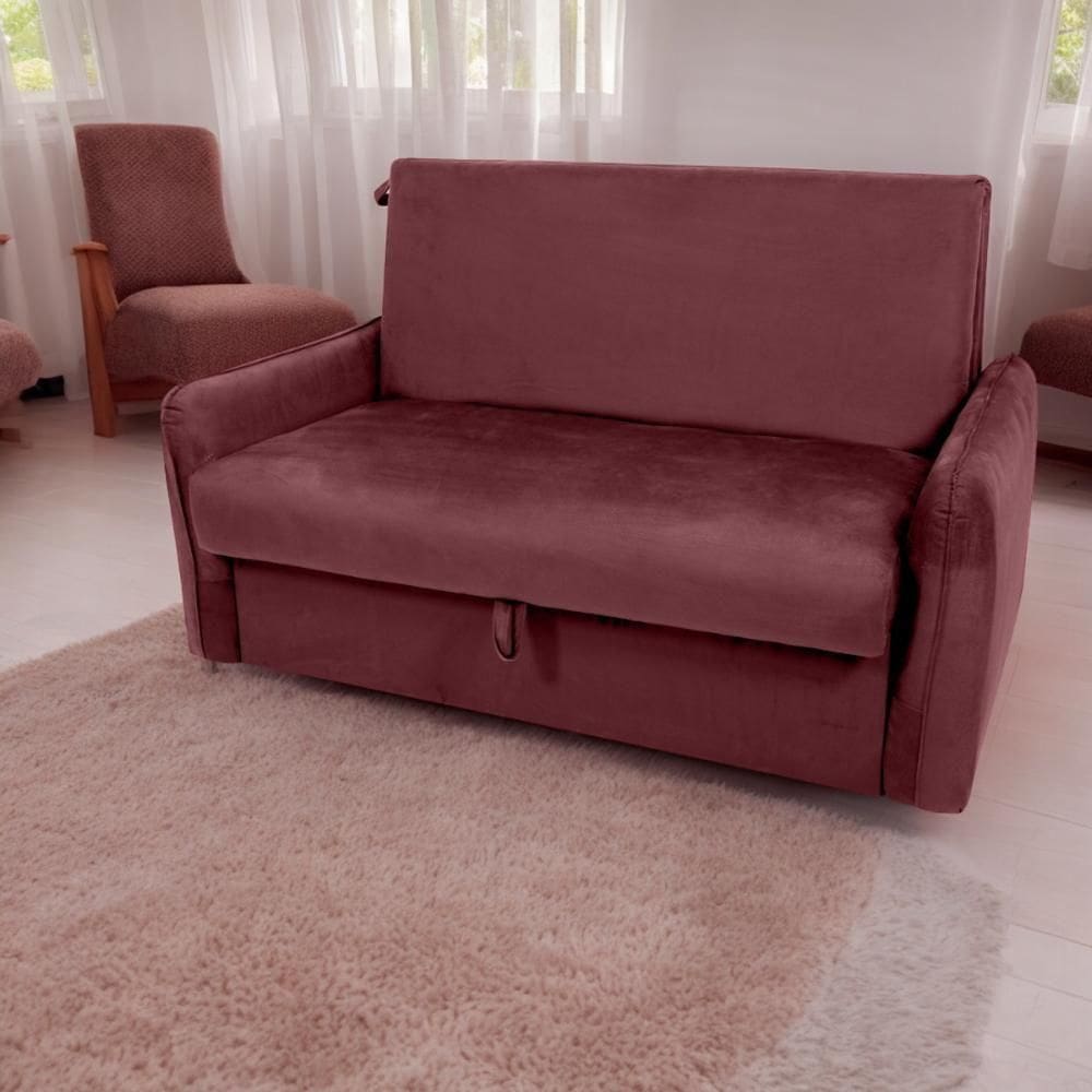 Sofá Cama Com Baú 2 Lugares Ethan Veludo Vinho