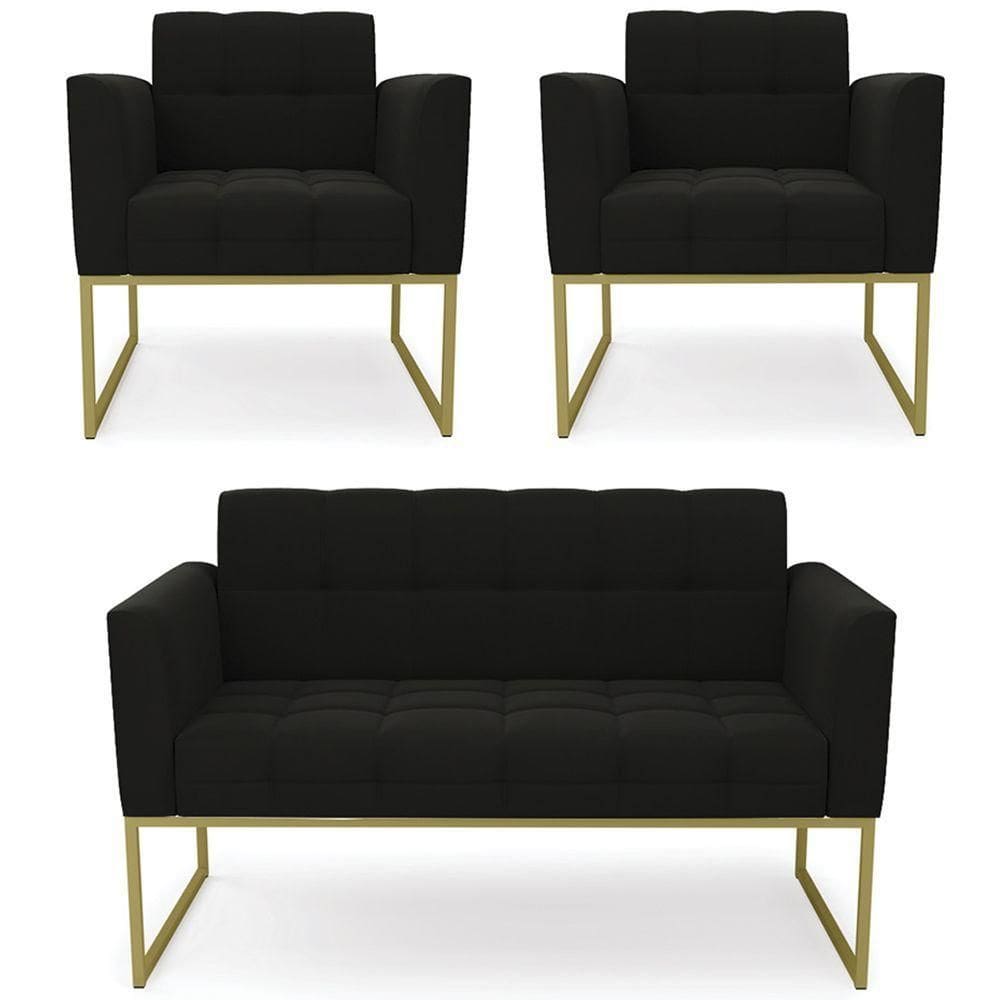 Sofá Namoradeira E 2 Poltronas Base Industrial Dourado Ana Suede Preto