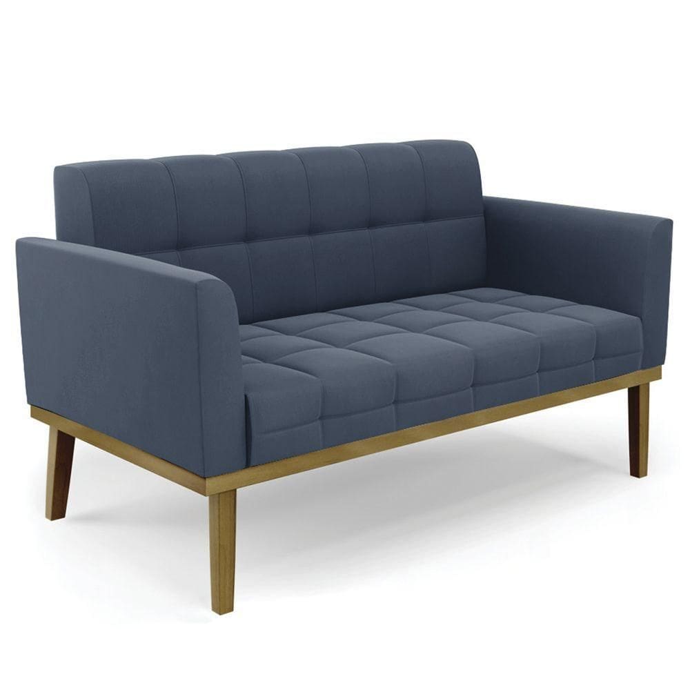 Sofá Namoradeira Base Madeira Castanho Ana Suede Azul Marinho