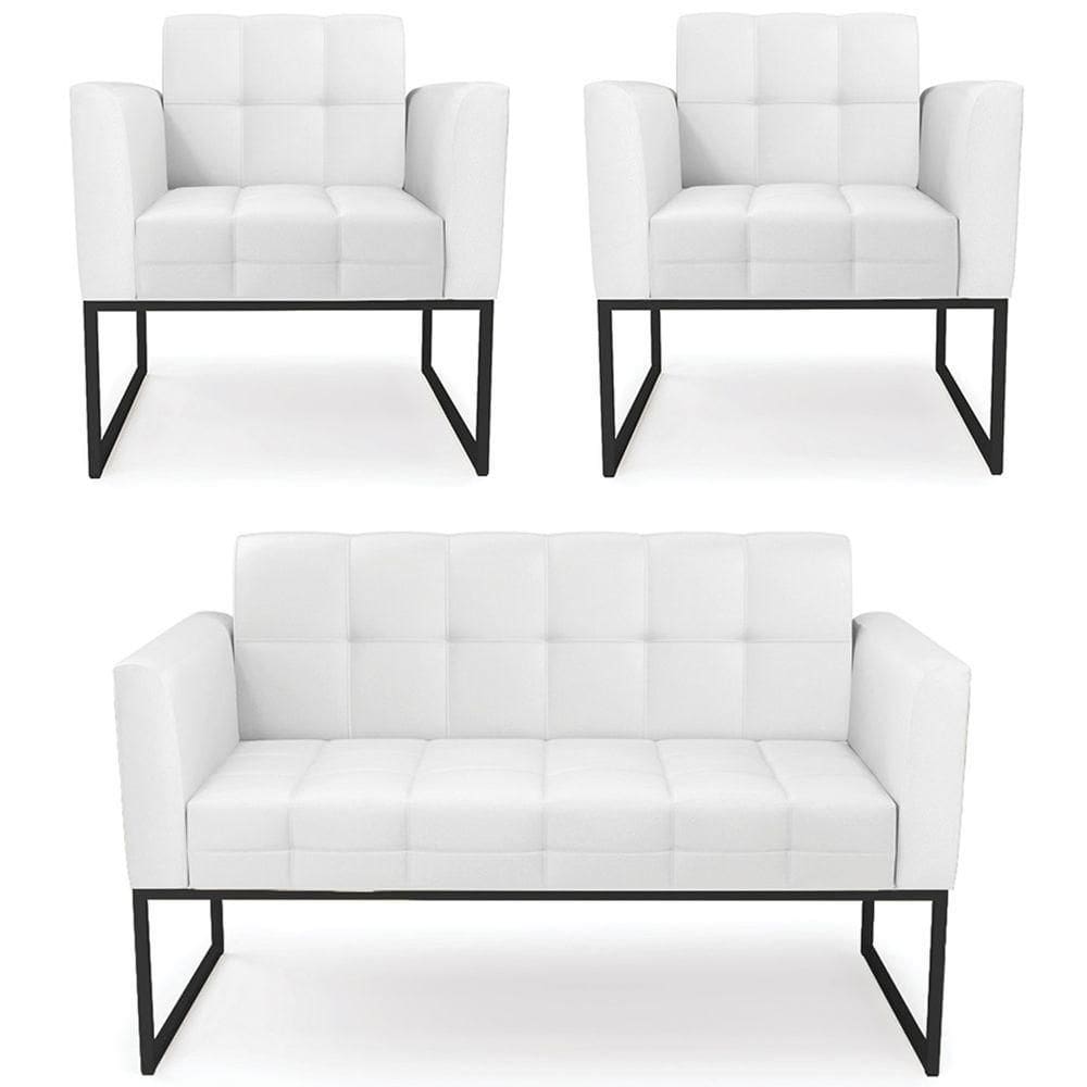 Sofá Namoradeira E 2 Poltronas Base Industrial Preto Ana Sintético Branco