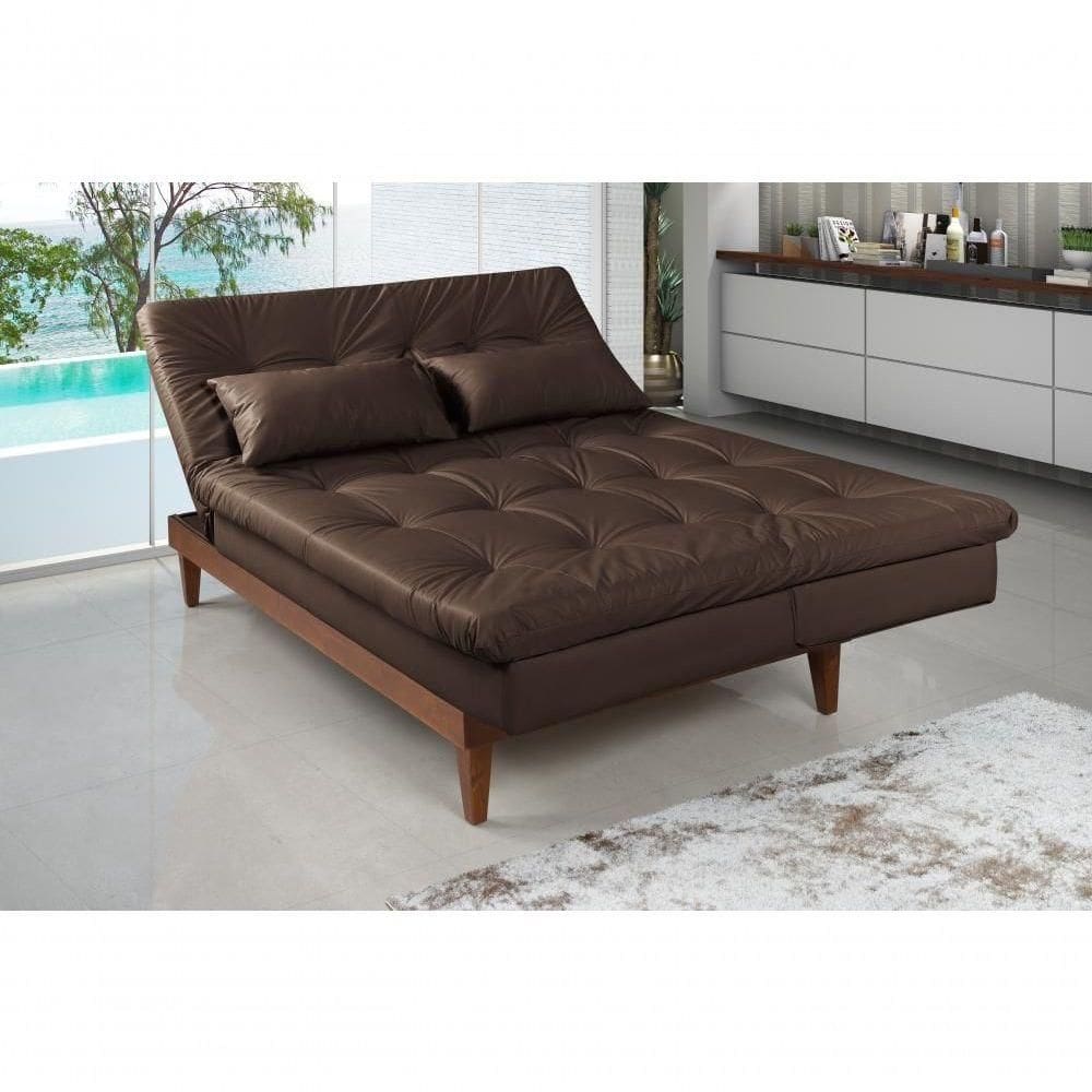 Sofá Cama Versátil 3 Lugares Império Reclinável Pés Madeira Espuma D33 Corano Marrom 310