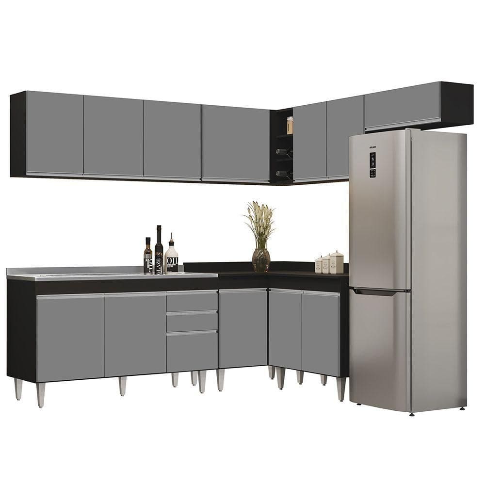 Armário De Cozinha Modulado De Canto 7 Peças Cp24 Com Pia Inox Preto-cinza