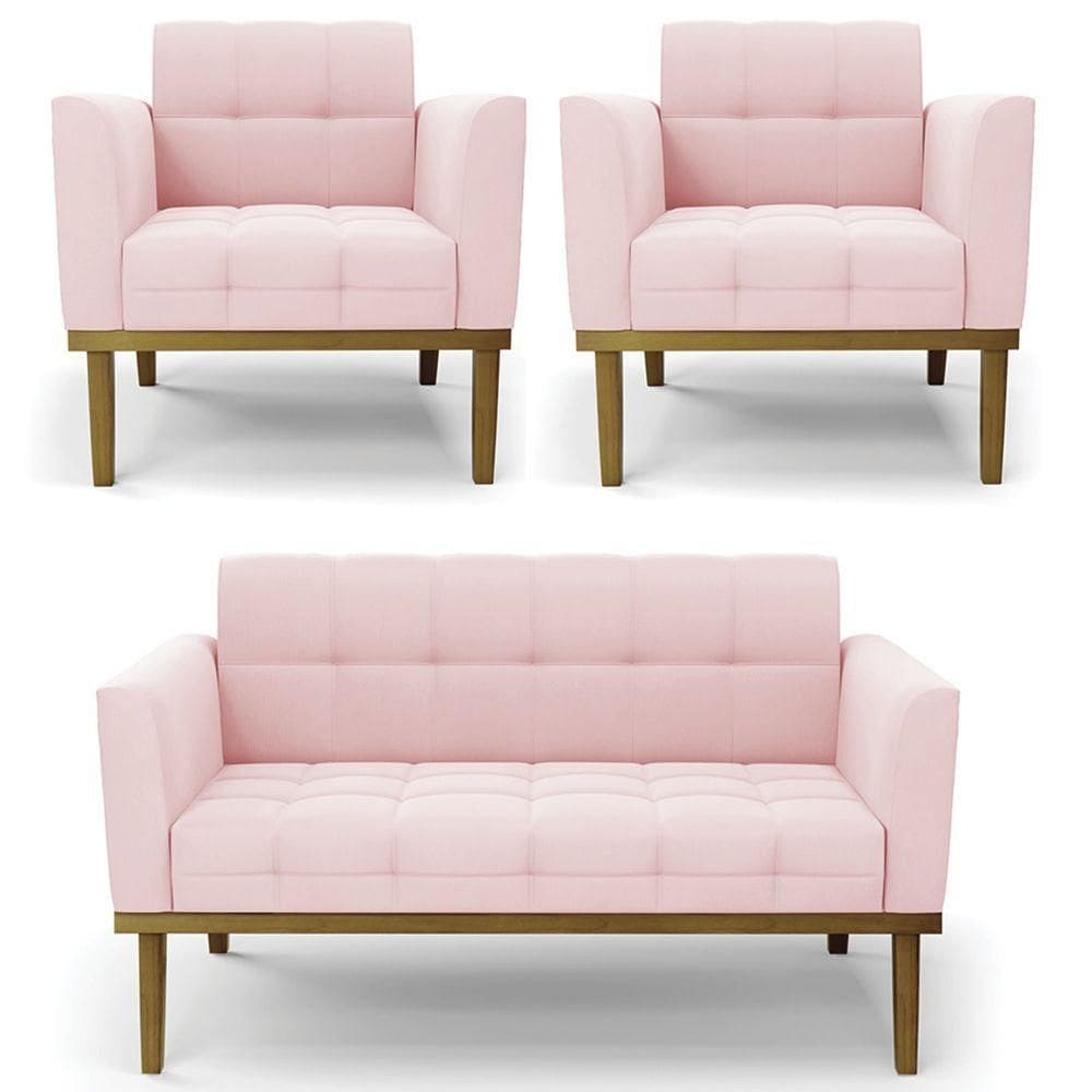 Sofá Namoradeira E 2 Poltronas Base Madeira Castanho Ana Suede Rosa Bebê