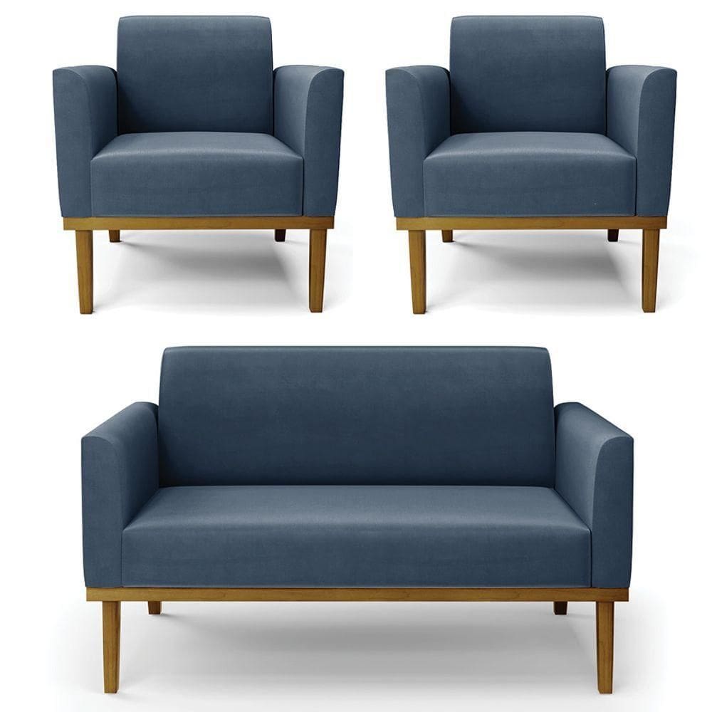 Sofá Namoradeira E 2 Poltronas Base Madeira Castanho Maressa Suede Azul Marinho