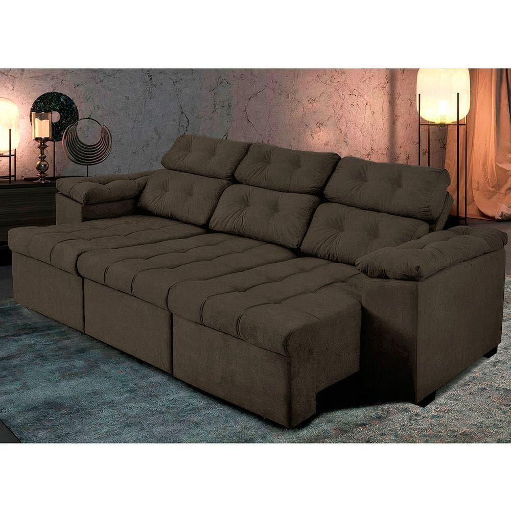 Sofá ítalo 250cm Retrátil Reclinável Suede Velu Marrom