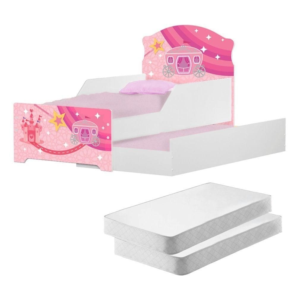 Mini Cama Infantil Com Auxiliar Carruagem Rosa Com Colchões