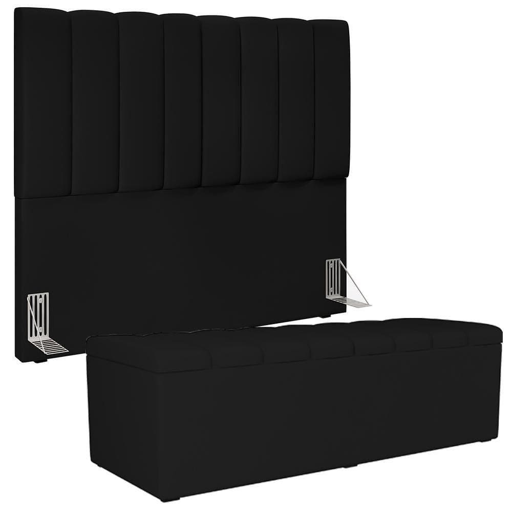 Kit Cabeceira Casal 140cm Com Calçadeira Recamier Baú Preto