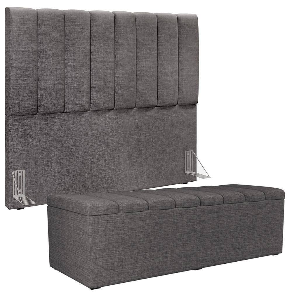 Kit Cabeceira Casal 140cm Calçadeira Baú Cinza Escuro