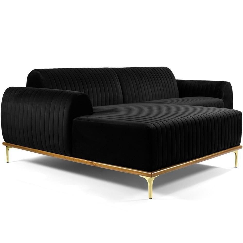 Sofá 6 Lugares Com Chaise Molino 350cm Veludo Preto C-300