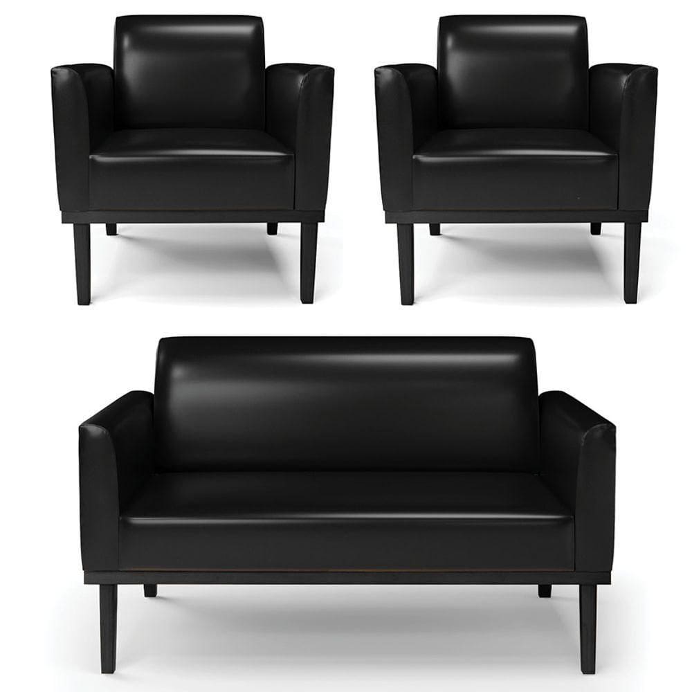 Sofá Namoradeira E 2 Poltronas Base Madeira Preto Maressa Sintético Pu Preto - Ibiza