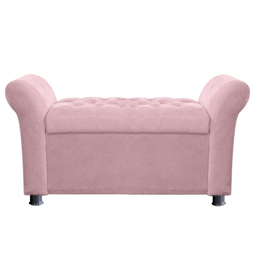 Recamier Baú Sapateira Louis 160x Cama Queen Size Suede Rosa Bebe - Majú Deor