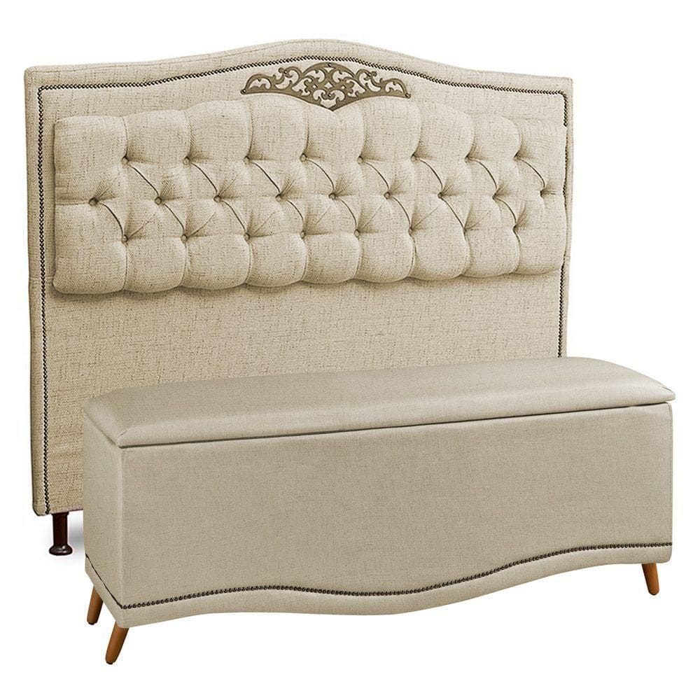 Cabeceira E Calçadeira Baú Box Queen Size 160cm Linho Areia