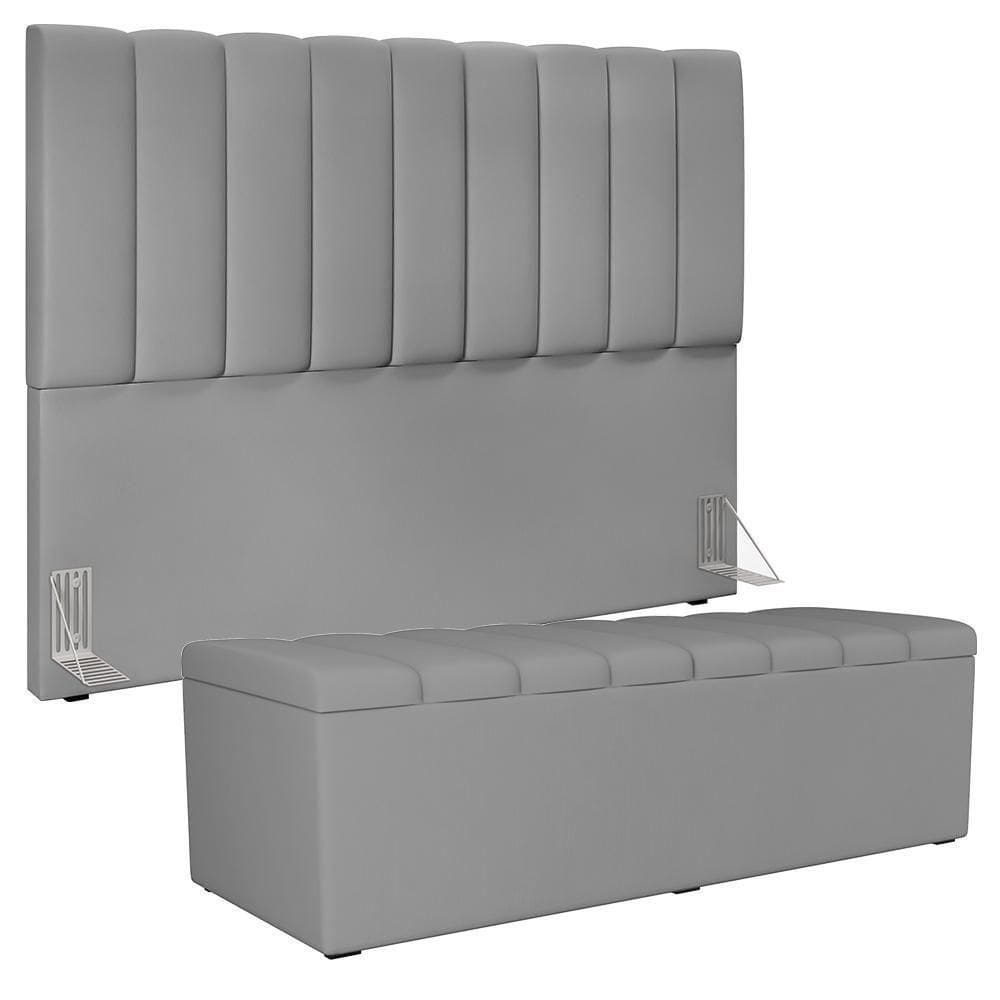 Kit Cabeceira Cama Box Casal Queen 160cm Com Calçadeira Baú Cinza