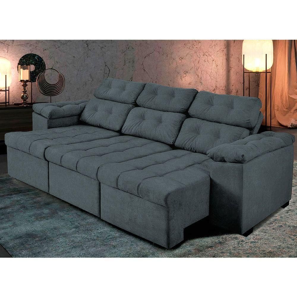 Sofá ítalo 250cm Retrátil Reclinável Suede Velu Cinza