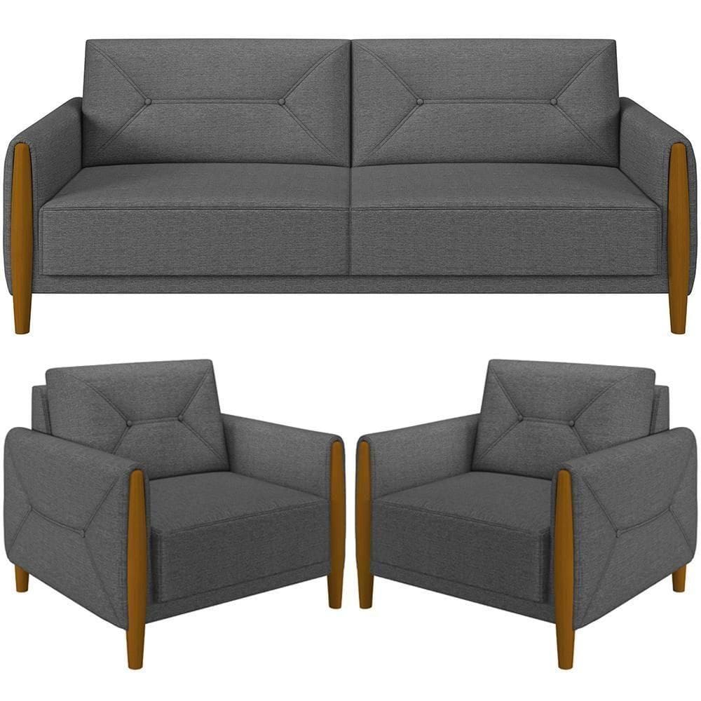 Kit Sofá 02 Lugares 165Cm Com 02 Poltronas Berilo M03 Chumbo