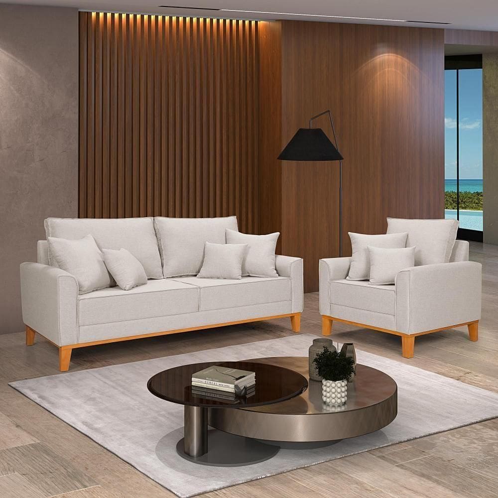 Kit Sofá Beny + 2 Poltronas Para Sala Confortável Linho Cru Cru 184