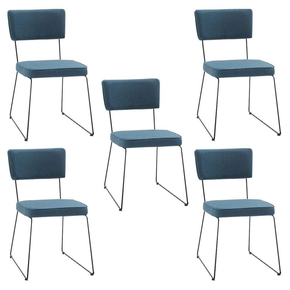 Kit 5 Cadeiras De Jantar Decorativa Base Aço Preto Luigi Linho Azul Jeans