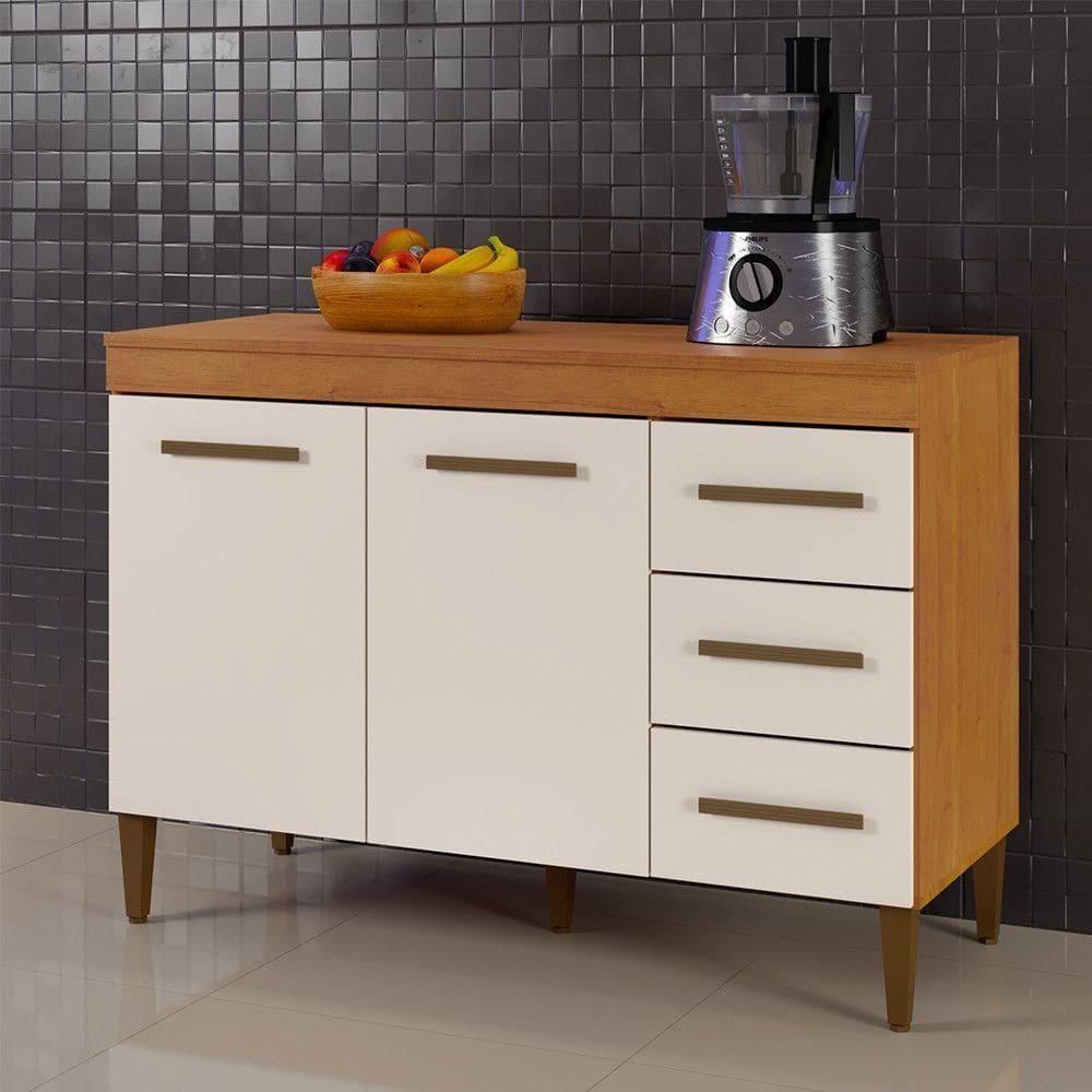 Balcão De Cozinha Com Tampo 2 Portas 3 Gavetas Virtus Naturalle Com Off White