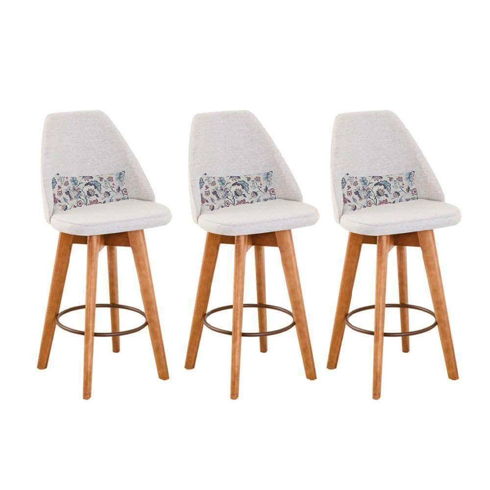 Kit 03 Banquetas Bege Claro E Almofada Flores