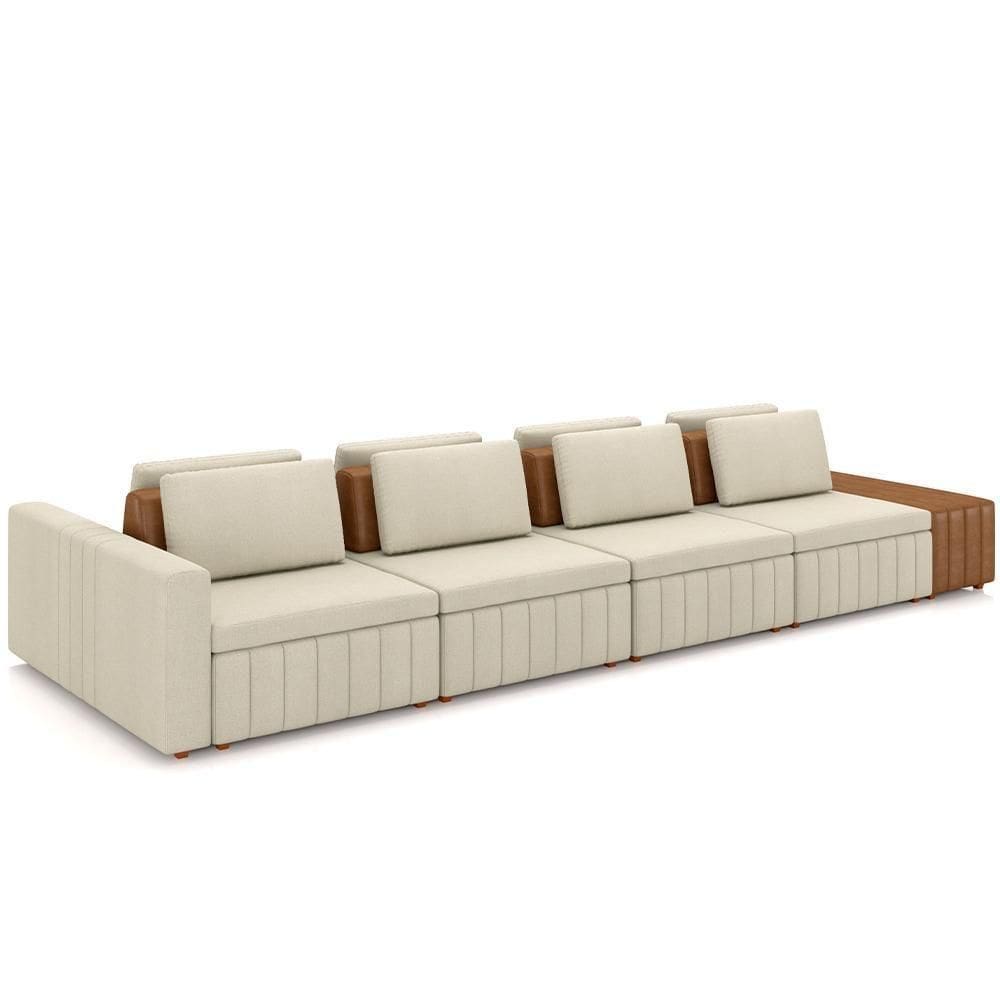 Sofá Ilha Com Puff Para Sala Living 425cm Amber M03 Linho Cru Couríssimo Whisky - Lyam Decor