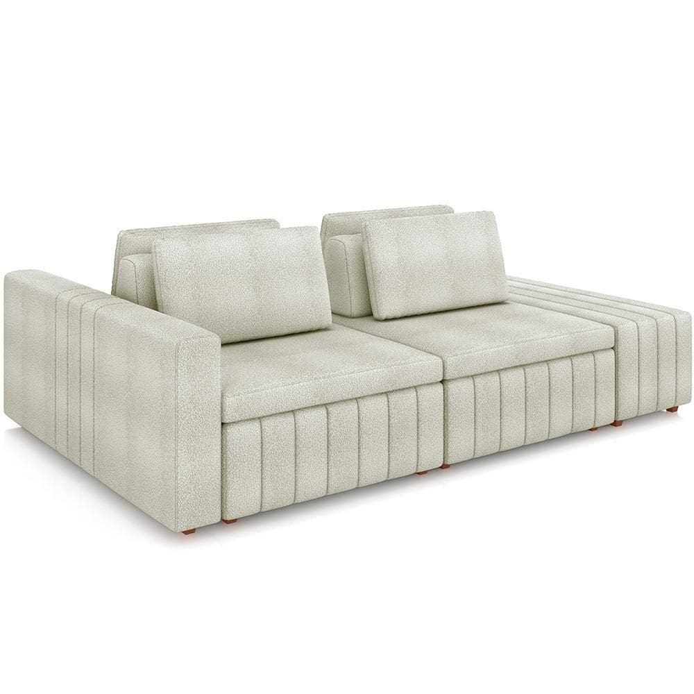 Sofá Ilha Com Puff Para Sala Living 245cm Amber M03 Bouclê Bege Claro - Lyam Decor