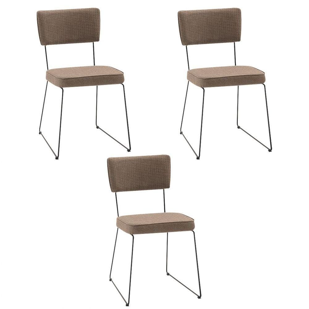 Kit 3 Cadeiras De Jantar Decorativa Base Aço Preto Luigi Linho Bege