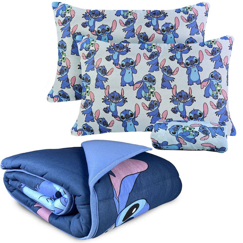 Kit Edredom + Jogo De Cama Casal Stitch Em Malha Infantil Disney 4 Peças Portallar