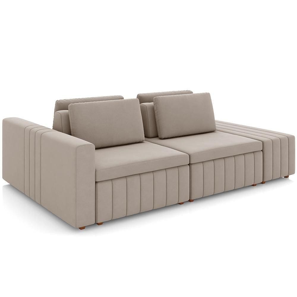 Sofá Ilha Com Puff Para Sala Living 265cm Amber M03 Veludo Bege - Lyam Decor