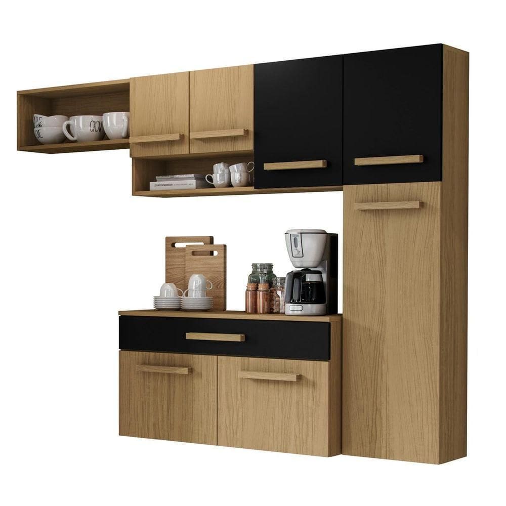 Cozinha Compacta Com 07 Portas E 01 Gavetas Com Balcão Rubi Cor Atacama Preto Fosco Aramóveis