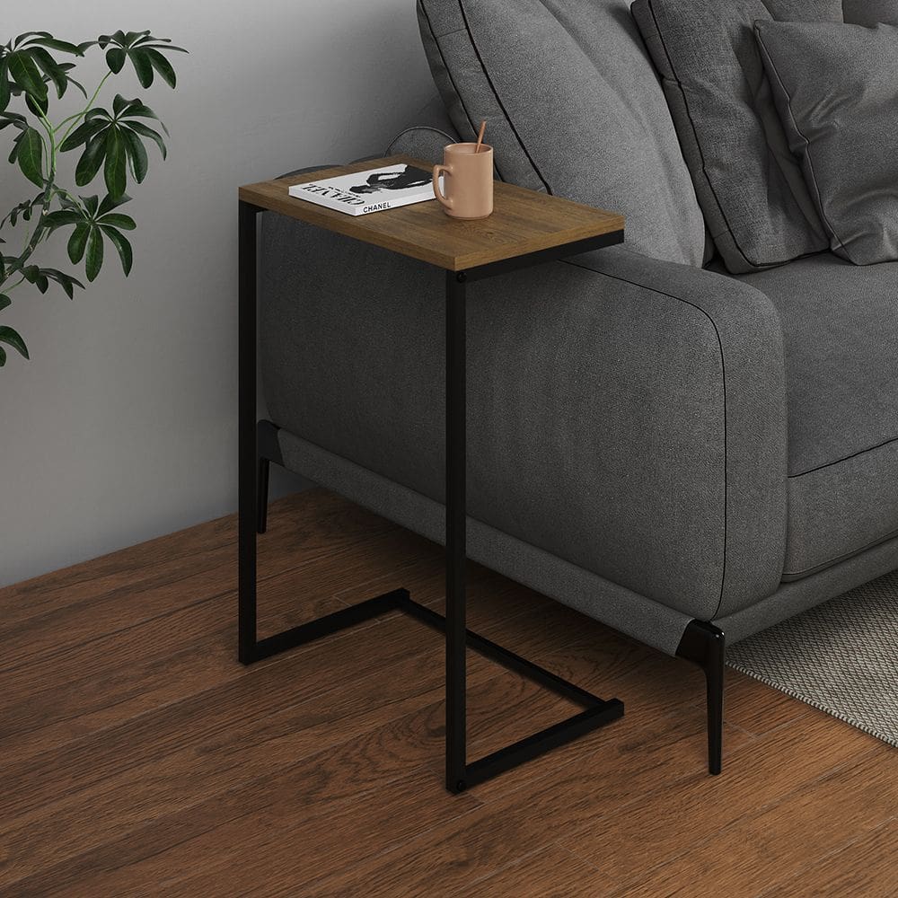 Mesa Lateral de Apoio Industrial Sofá Charmme Ferro Preto e Tampo Freijó