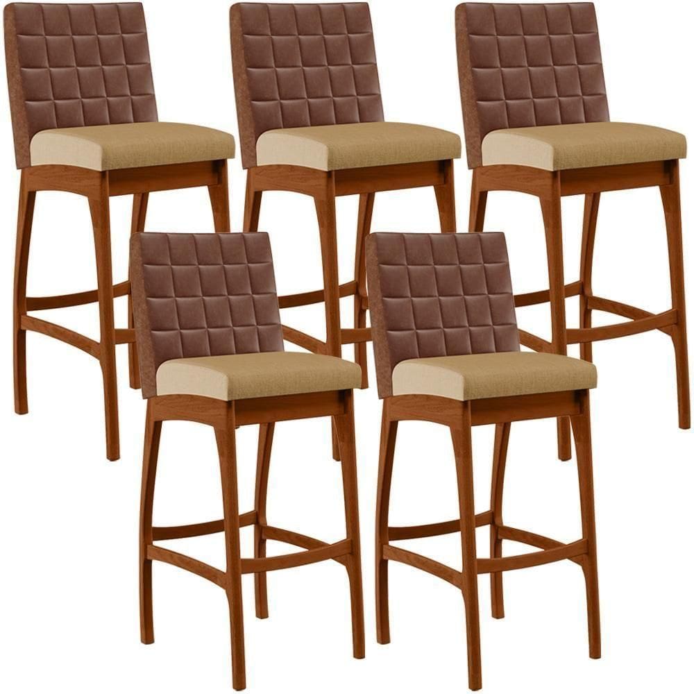 Kit 05 Banquetas Altas Mila Marrom Linho Bege Escuro