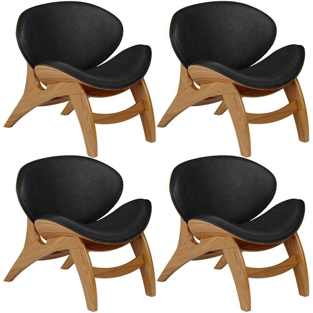Kit 4 Poltronas Decorativa Orgânica Sala Living Kadosh L02 Couríssimo Preto Brilho