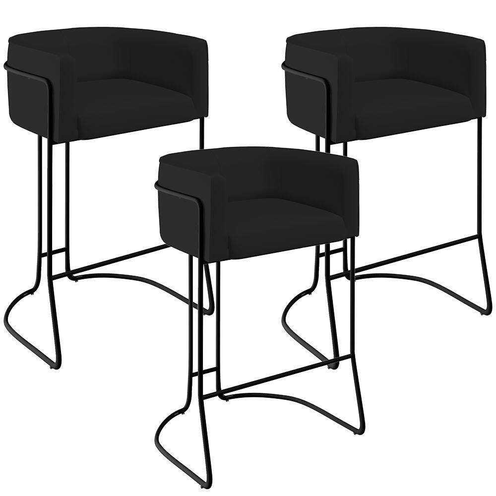 Kit 03 Banquetas Fixa Preto Veludo Preto C-300