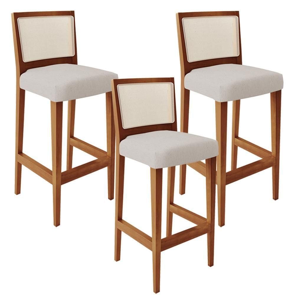Kit 03 Banquetas Alta Branco Linho Cru