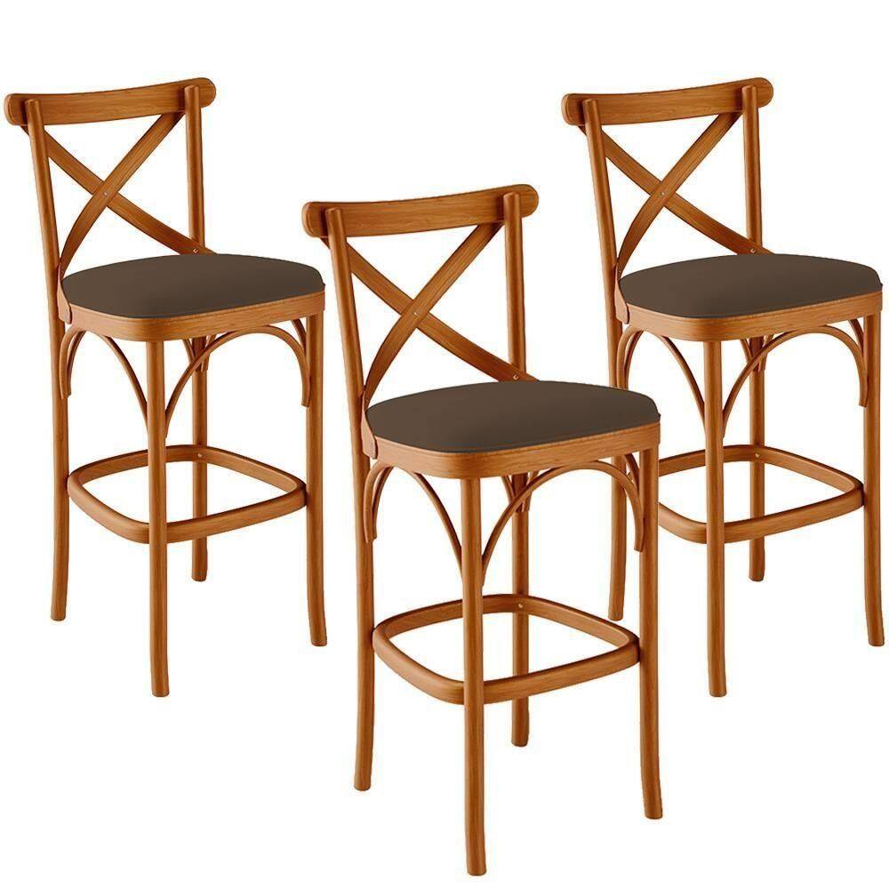 Kit 03 Banquetas Altas Bancada Bar Sala De Jantar Estofada ávila L02 Suede Marrom