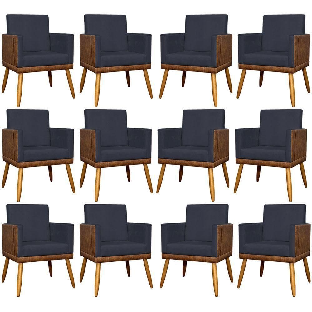 Kit 12 Poltronas Decorativas Para Escritório Lis Corino e Pé Palito - Preto Suede Corino