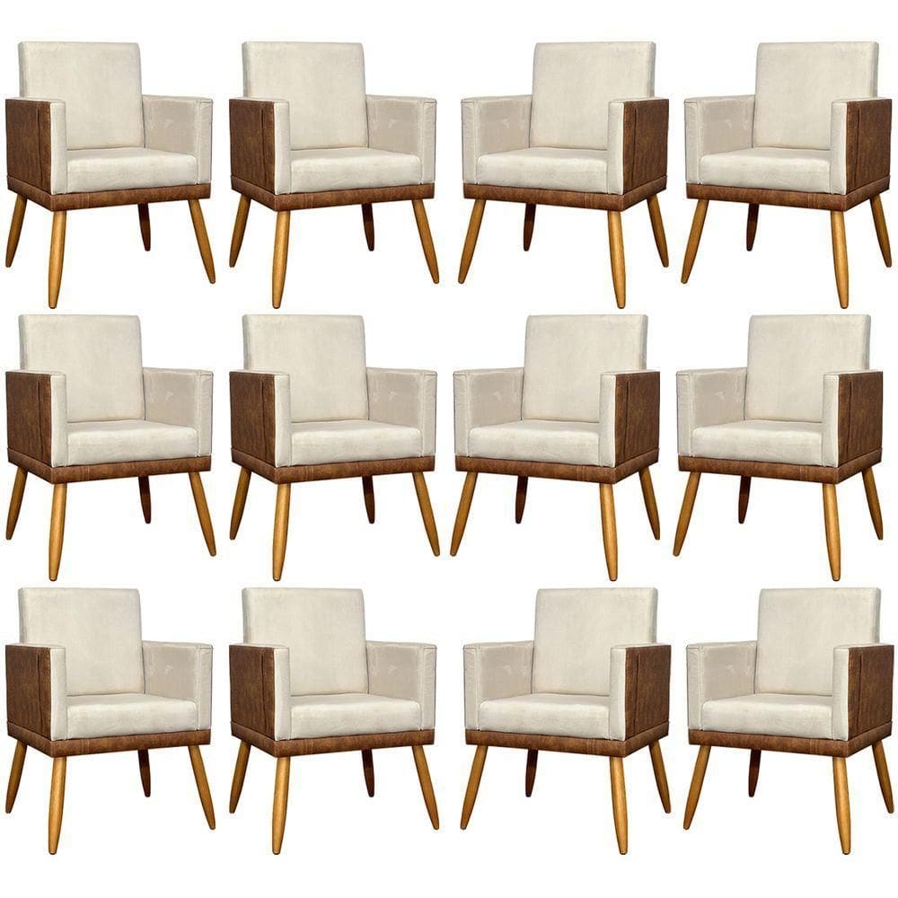 Kit 12 Poltronas Decorativas Para Escritório Lis Corino e Pé Palito - Bege Suede Corino