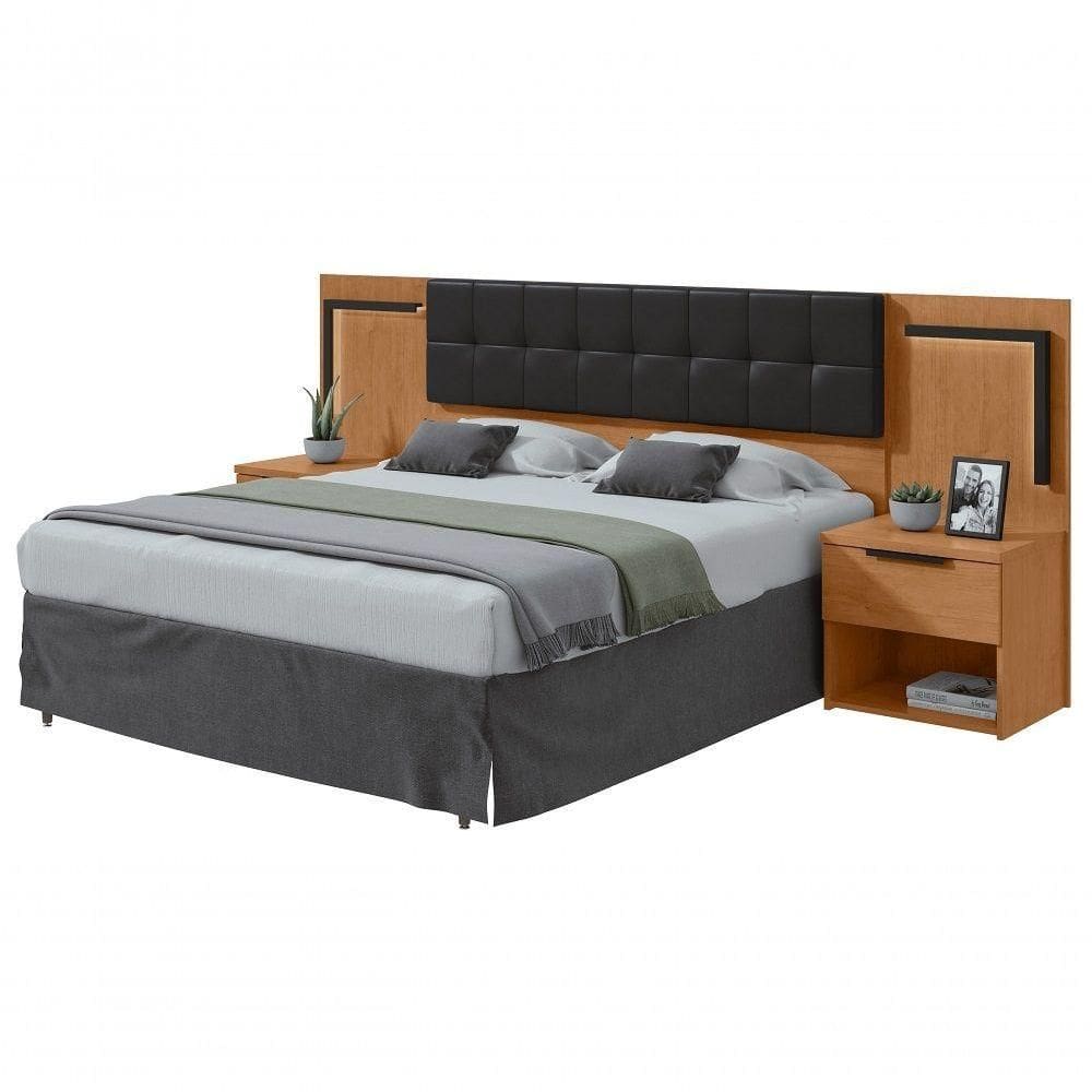 Cabeceira Casal 160cm 2 Mesas De Cabeceira Com Led Calitan Amendoa Clean Preto Fosco