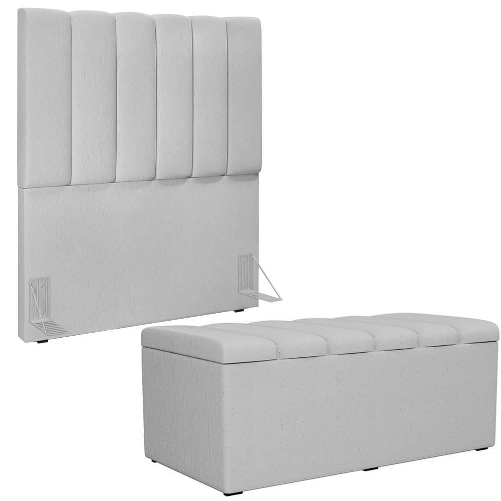 Kit Cabeceira Solteiro 100cm E Calçadeira Baú Cinza