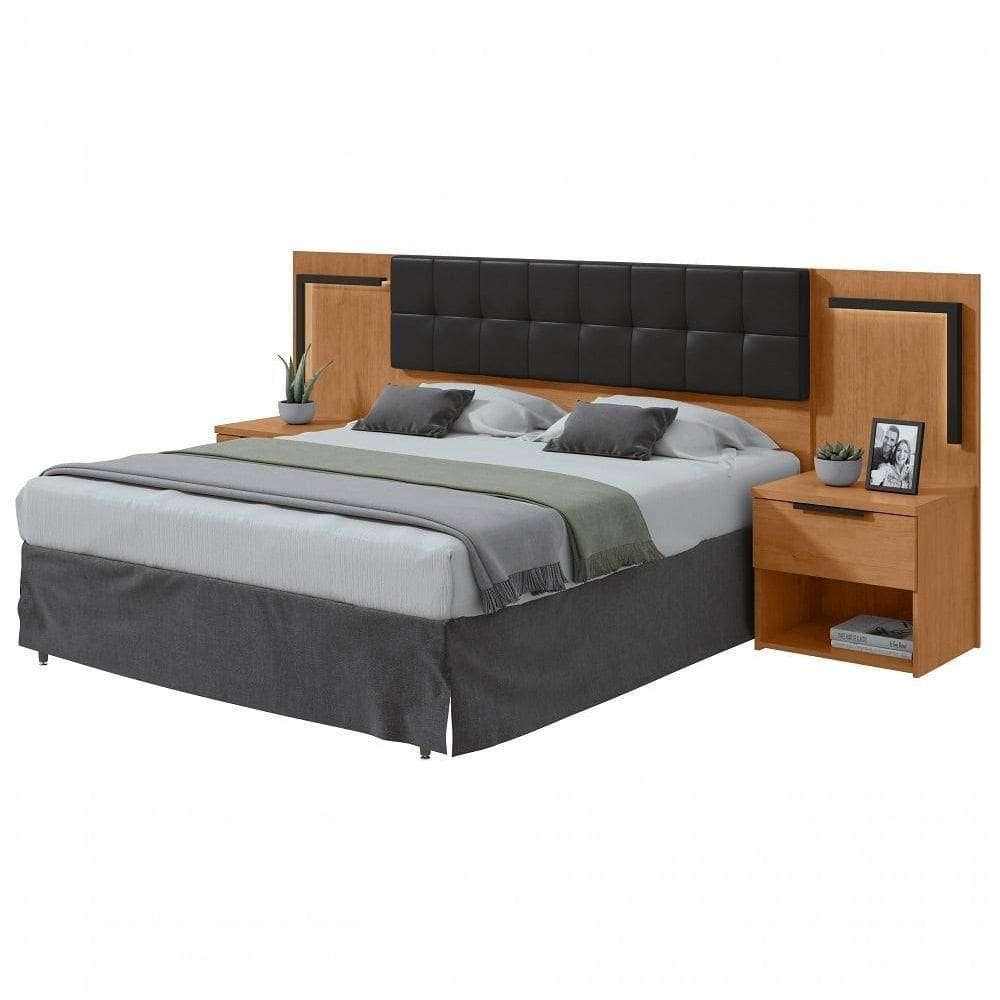 Cabeceira Casal 160cm 2 Mesas De Cabeceira Com Led Calitan - Lopas Amendoa Clean/preto Fosco