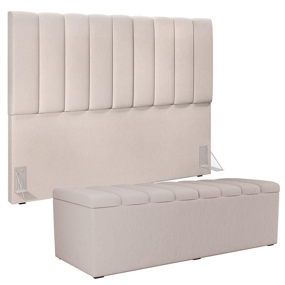 Kit Cabeceira Casal Queen 160cm Com Calçadeira Baú Cru