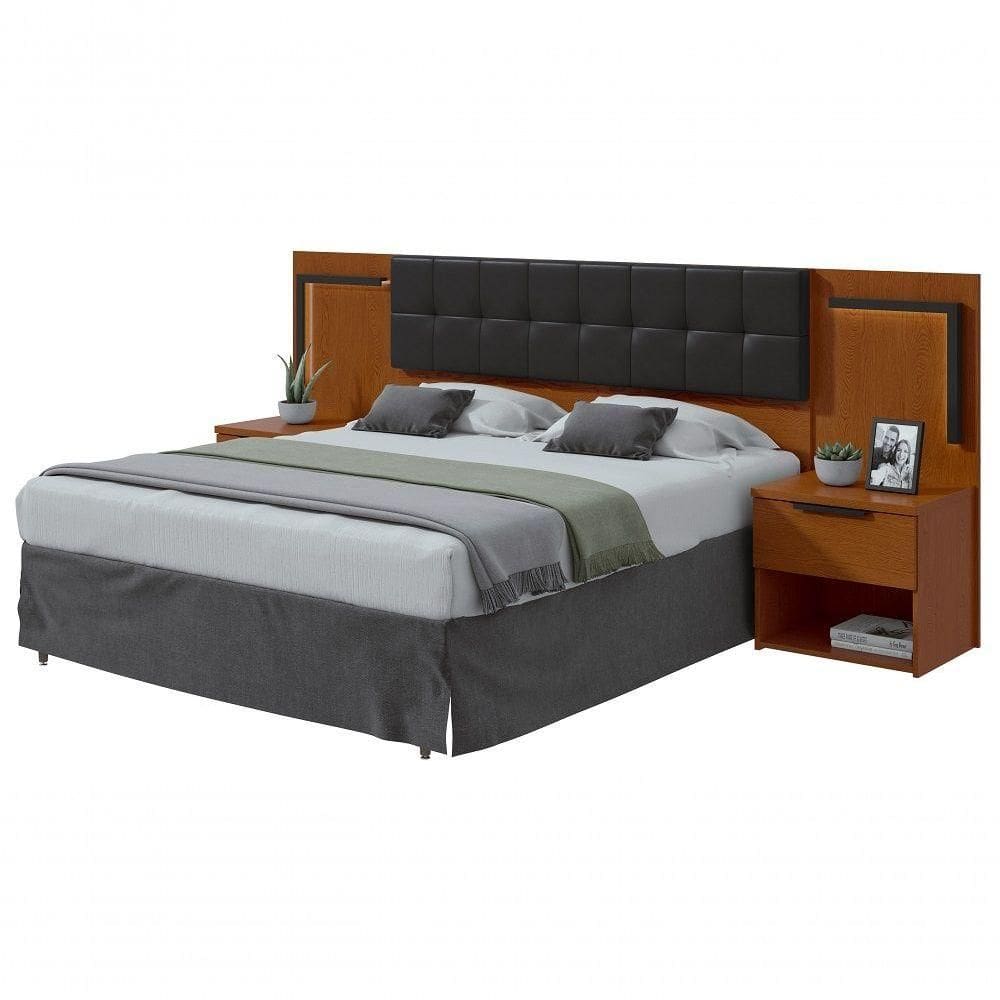 Cabeceira Casal 160cm 2 Mesas De Cabeceira Com Led Calitan - Lopas Frassino/preto Fosco