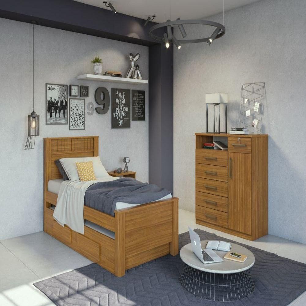 Cama Solteiro Athenas Plus Rovere Naturale C/ Auxiliar Lopas